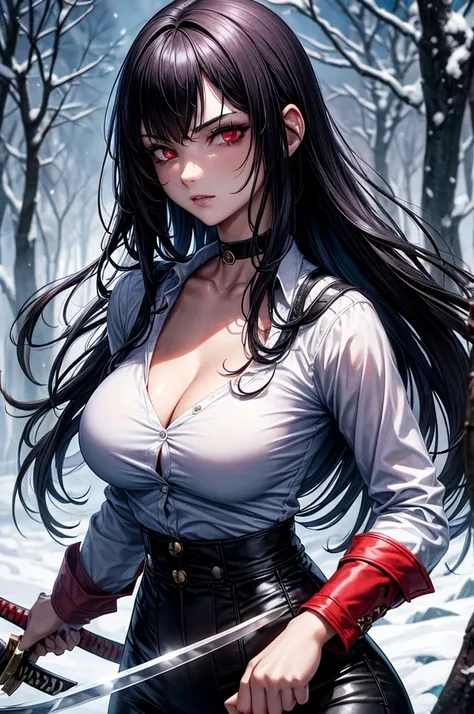 1 woman, woman fighting two zombies, High school girl swordsman, holds a katana in his right hand, long black hair, beautiful eyes, detailed eyes, Red eyes, choker:1.6, captivating look, wearing a white long-sleeved button-down shirt, big breasts, shiny bl...