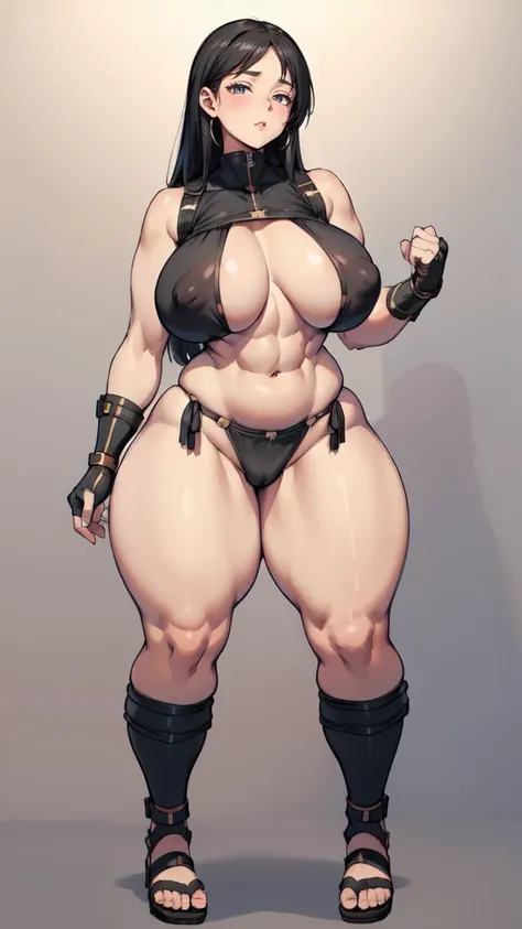 (masterpiece), best quality, female warrior, huge girl, female muscular:1.2, straight hair, black hair, massive breast, curvy, ((thick thighs:1.5)), (((blank background))), ((full body)), fingerless gloves, sandals, sleeveless, covered nipples, (underboobs...