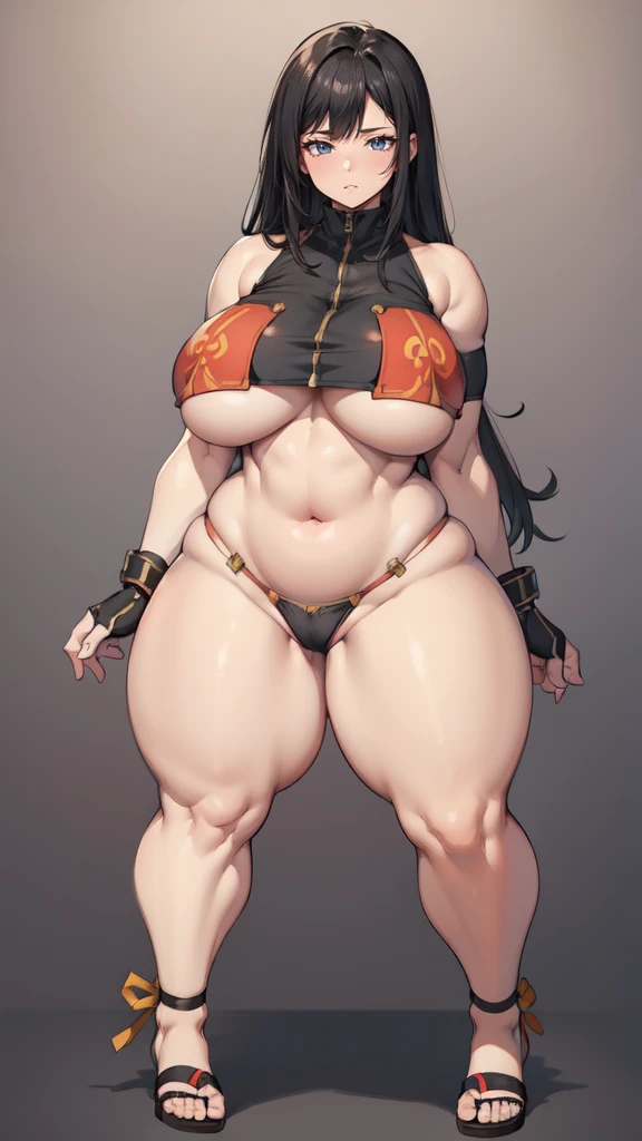 (masterpiece), best quality, female warrior, huge girl, female muscular:1.2, straight hair, black hair, massive breast, curvy, ((thick thighs:1.5)), (((blank background))), ((full body)), fingerless gloves, sandals, sleeveless, covered nipples, (underboobs...