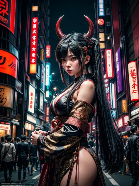 (masterpiece, cinematic photograph capturing the bustling streets of Shibuya, Japan, adorned with a procession of "oni" - traditional Japanese demons, parading through the night under the gaze of the intrigued crowd:1.3), (meticulously composed to convey t...