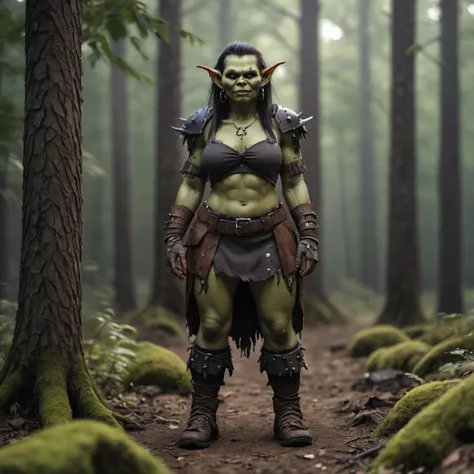 photo of a ork woman,  forest background, natural light, full body shot 