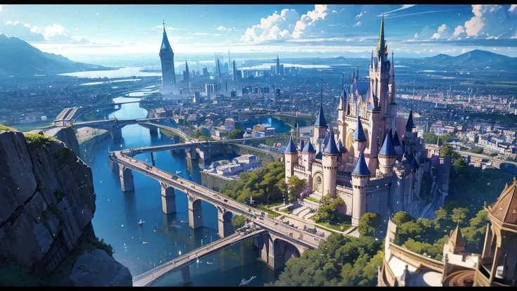 A high quality, (((City in the Sky)))), 3D anime-style artwork depicting a fantastical city in the sky. At its center is a sparkling, crystal-like castle floating in the vast sky. The castle is decorated in emerald and gold, with clouds and light particles...