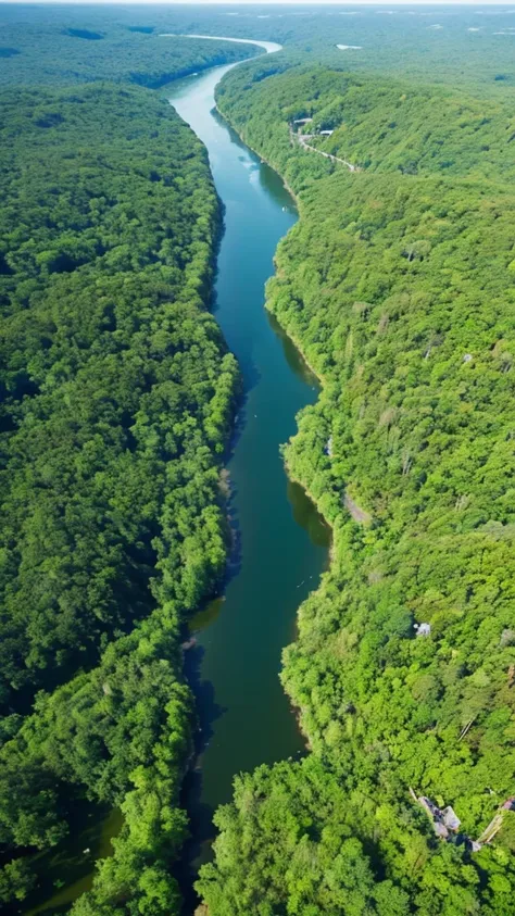 green々Aerial view of a river surrounded by dense forest。The water in the river is clear、The stones and small fish on the bottom are clearly visible.。From a drone&#39;s perspective、The river flows gently, meandering、Colorful flowers on the riverbank々There i...