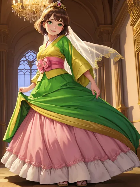 masterpiece, best quality:1.2), 1girl, smile, looking at viewer, green eyes, short brown hair, princess, princess dress, wearing puffy pink ballgown reaching the floor, green kimono, golden tiara with veil, standing in ballroom of medieval castle