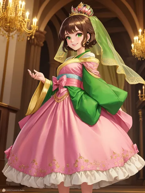 masterpiece, best quality:1.2), 1girl, smile, looking at viewer, green eyes, short brown hair, princess, princess dress, wearing puffy pink ballgown reaching the floor, green kimono, golden tiara with veil, standing in ballroom of medieval castle