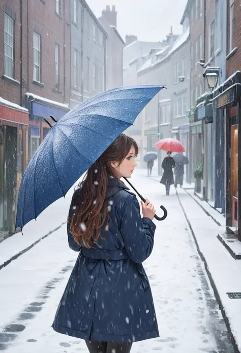 snowy days，commercial street，the back of a beautiful twenty-something，holding an umbrella，looking into the distance sadly。