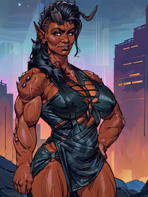 (masterpiece, best quality:1.3)
BGKarlach, 1girl, solo, realistic, long hair, horns,pointy ears, muscular, bodybuilder, buff, (huge breasts:1.3), cityscape, at night, on top of a skyscraper, short dress, tight, character portrait, incase