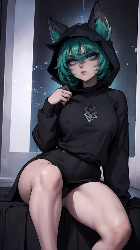 girl, large black sweatshirt, sitting posture, calm look, Sitting in front, legs open, a dark room, evil eyes, glowing skin, Looking ahead, facial expression