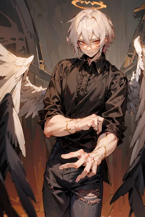 1male, Adult, Two Tone Hair, Crimson and White Hair, Short Hair, Undercut Hair, Angel Halo, Black Wings, Golden Eyes, Smirk, Black Flannel Shirt, Black Ripped Jeans