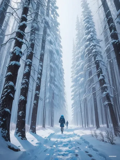 a close up of a person walking on a snowy path in the woods, snowy. by makoto shinkai, ross tran. scenic background, beautiful anime scene, by sylvain sarrailh, winter concept art, beautiful anime scenery, beautiful concept art, anime nature, anime nature ...