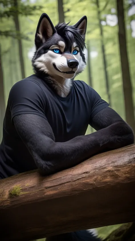 Sexy Posing, male, 30 years old, cute, eyeliner, short black hair, biting lip smile, black shirt, bedroom eyes, anthro, dog ears, (black fur:1.5),husky dog, forest background, 8k, hi res, (best quality, masterpiece), blue eyes, lying on log, husky tail