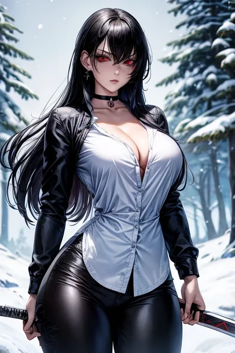 1 woman, woman fighting two zombies, High school girl swordsman, holds a greatsword in his right hand, long black hair, beautiful eyes, detailed eyes, Red eyes, choker:1.6, captivating look, wearing a white long-sleeved button-down shirt, big breasts, shin...