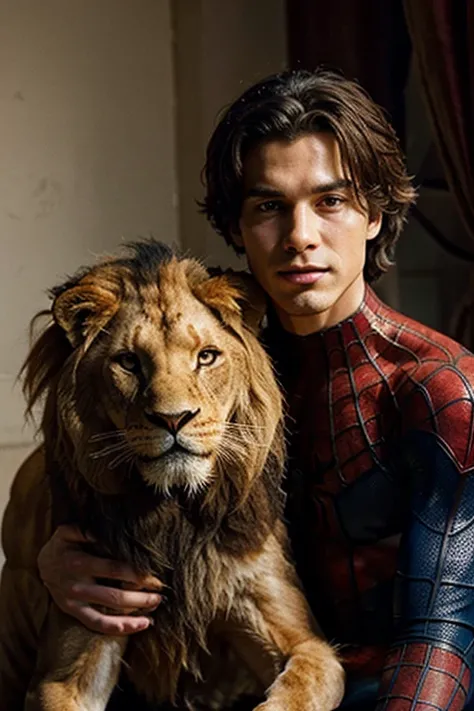 give me a picture of spiderman with a lion