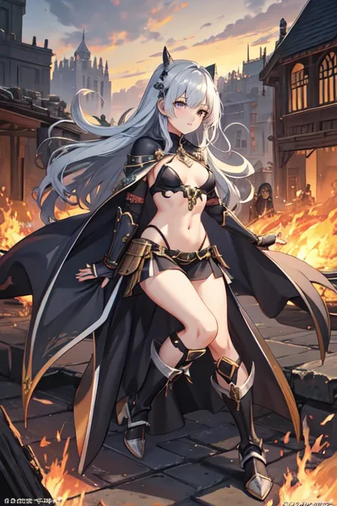 One beautiful girl、17 years old、Exposed metal armor、Belly button、Tattered Cape、Longsword in one hand、Thighs、Glowing Skin、Full Body Lesbian、stand、Ruins in the background、Burning Flames、Fight monsters、Anime cute face、For viewers、Long silver hair、Metal Boots、...