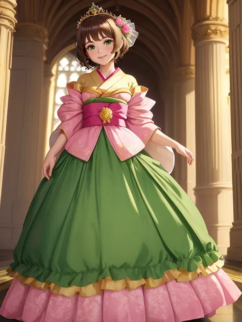 masterpiece, best quality:1.2), 1girl, smile, looking at viewer, green eyes, short brown hair, princess, princess dress, wearing puffy pink ballgown reaching the floor, green kimono, golden tiara with veil, standing in ballroom of medieval castle