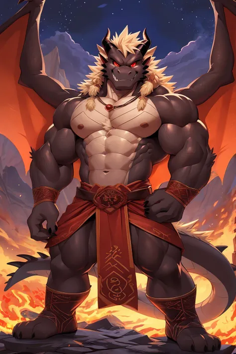 (sfw:1.5), male focus, Handsome 1boy, solitary, single，protrait photo, (Light blond thick eyebrows:1.3), (Black nails, Black Claws:1.3), (Black dragon wings, Translucent wing membrane:1.5), Dark brown skin, Light blond chest hair, Light golden belly hair, ...