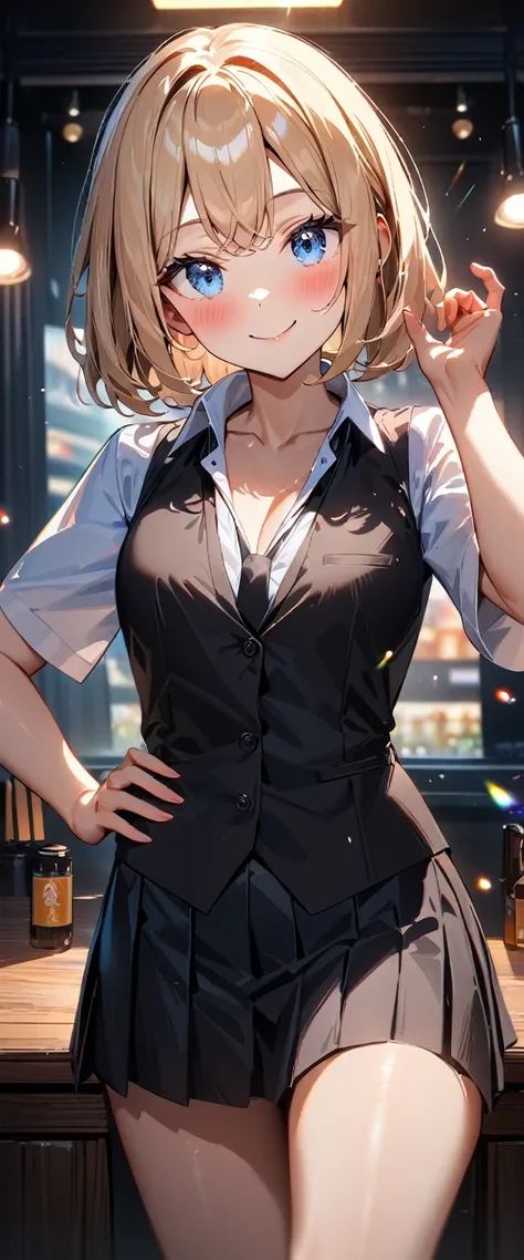 (((One girl))), blond hair, bob cut, (cowboy shot), (looking at viewer), (open collar:1.3), ((black tie under the waistcoat)), face in focus, teenager, head tilt:1.3, (((blue eye))), ((happy smile)), ((blush)), contrapposto, one hand on hip, school summer ...