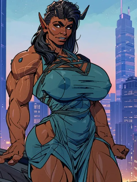 (masterpiece, best quality:1.3)
BGKarlach, 1girl, solo, realistic, long hair, horns,pointy ears, muscular, bodybuilder, buff, (huge breasts:1.3), cityscape, at night, on top of a skyscraper, short dress, tight, character portrait, incase