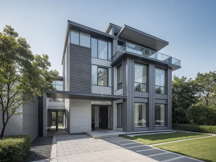 RAW photo, a photo of a modern villa with a car parked in front of it, ((1/2 dark grey wood facade)), architectural shot, gate, road, viet nam modern residence, rough white wall, new residential area, wide angle exterior 2022, contemporary house, exterior ...