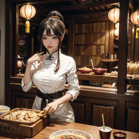 1 woman,very beautiful,Very sexy,Noodle shop made of wood ,3D,High quality,Very similar to a real person,Chinese people,8K,Wear sexy clothes,Bend your head to eat noodles,In the background, there are people eating noodles.