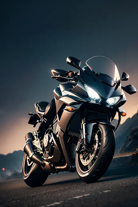 a sleek, high-powered motorcycle, chrome detailing, dynamic motion blur, cinematic lighting, dramatic shadows, moody color palette, photorealistic rendering, intricate mechanical details, metallic sheen, speed lines, cinematic composition, dramatic camera ...