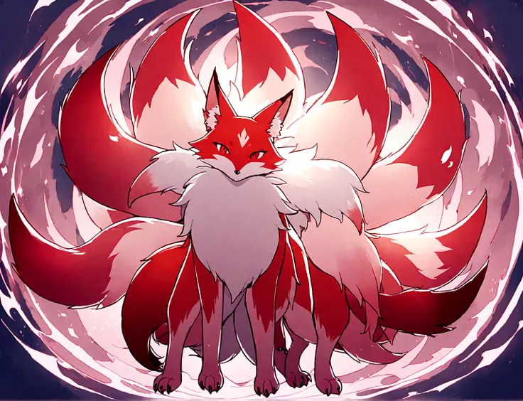 A giant red fox with 9 tails and 4 legs, whose tips are light pink. The tails are very fluffy and soft. The chest coat is light pink, as well as the tips of the paws. ao redor, a circle of small light pink flames. Ao fundo, a sunny beach.