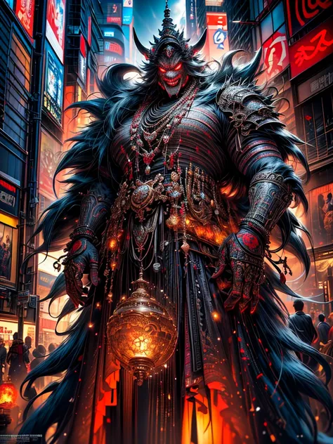 (masterpiece, cinematic photograph capturing the bustling streets of Shibuya, Japan, adorned with a procession of "oni" - traditional Japanese demons, parading through the night under the gaze of the intrigued crowd:1.3), (meticulously composed to convey t...