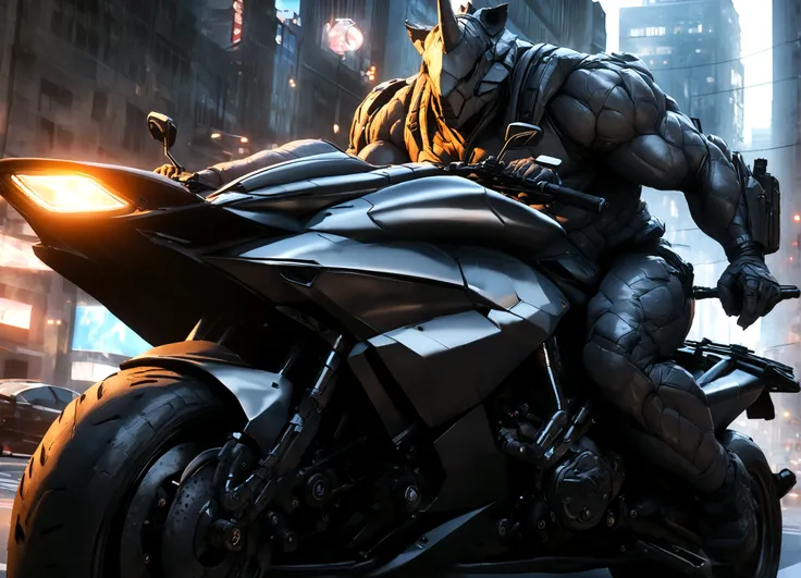 a massive, muscular gray rhino humanoid in a high-tech gray rhino suit, riding a huge, terrifying motorcycle with black chrome, machine gun mounts, and a large rhino horn over the headlight, in a downtown city setting, detailed cinematic lighting, highly d...