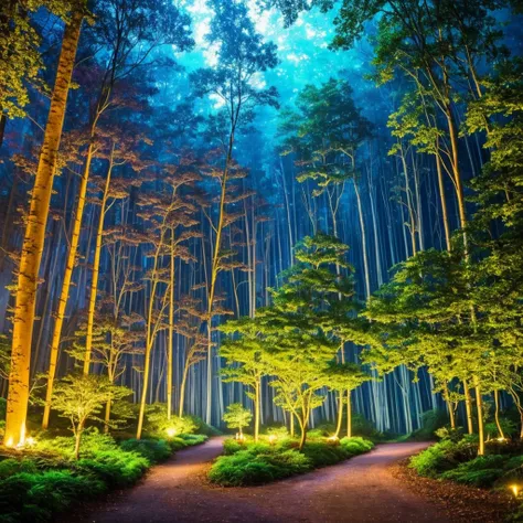 a forest filled with lots of trees and lights, magic fairy forest, magical forest in the background, magical forest, magical colours and atmosphere, very magical and dreamy, enchanted and magic forest, magical colors and atmosphere, enchanted magical fanta...