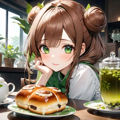 Very delicious looking chestnut buns and green tea are on the table.。perfect anatomy, masterpiece, best quality, 16K, beautiful detailed grow, daydreaming expression