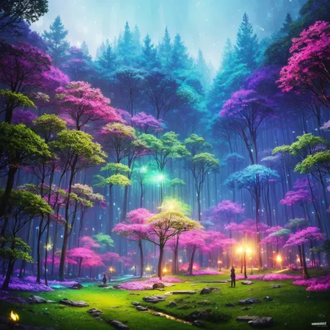 a forest filled with lots of trees and lights, concept art by Beeple, flickr, fantasy art, magic fairy forest, magical forest in the background, magical forest, magical colours and atmosphere, very magical and dreamy, enchanted and magic forest, magical co...