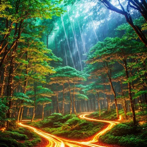 a forest filled with lots of trees and lights, magic fairy forest, magical forest in the background, magical forest, magical colours and atmosphere, very magical and dreamy, enchanted and magic forest, magical colors and atmosphere, enchanted magical fanta...