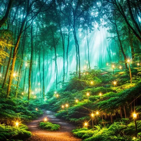 a forest filled with lots of trees and lights, magic fairy forest, magical forest in the background, magical forest, magical colours and atmosphere, very magical and dreamy, enchanted and magic forest, magical colors and atmosphere, enchanted magical fanta...