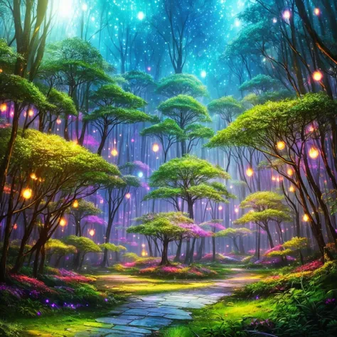 a forest filled with lots of trees and lights, concept art by Beeple, flickr, fantasy art, magic fairy forest, magical forest in the background, magical forest, magical colours and atmosphere, very magical and dreamy, enchanted and magic forest, magical co...