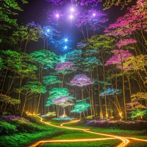 a forest filled with lots of trees and lights, magic fairy forest, magical forest in the background, magical forest, magical colours and atmosphere, very magical and dreamy, enchanted and magic forest, magical colors and atmosphere, enchanted magical fanta...