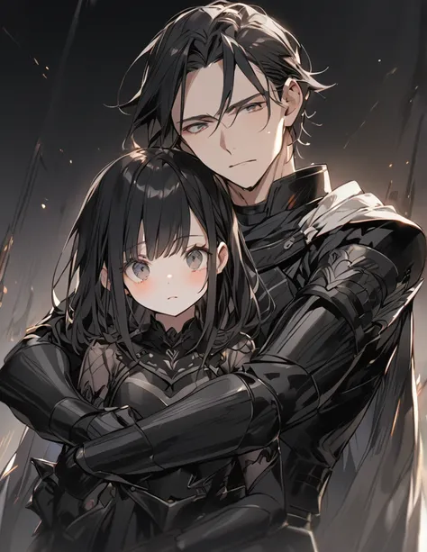 A man in black armor holding a girl