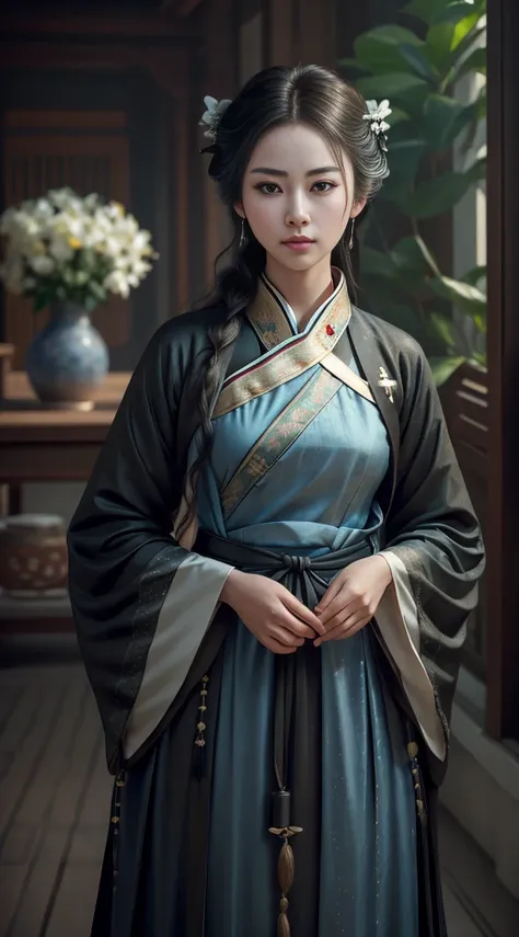 (fidelity: 1.4), ((hanfu negro)), big sleeves, small rings, on the rise, mole under the eyes, denim lens, bokeh, perspective sho...