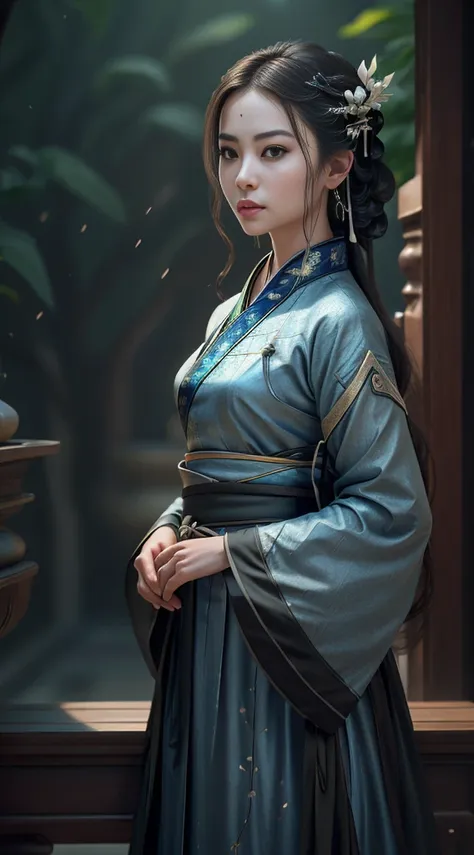 (fidelity: 1.4), ((hanfu negro)), big sleeves, small rings, on the rise, mole under the eyes, denim lens, bokeh, perspective sho...