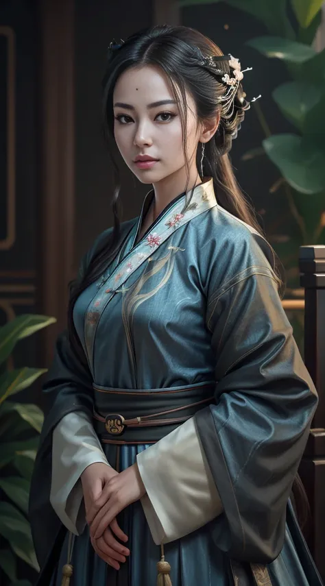 (fidelity: 1.4), ((hanfu negro)), big sleeves, small rings, on the rise, mole under the eyes, denim lens, bokeh, perspective sho...