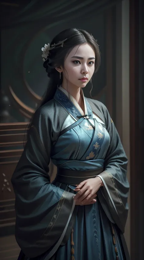 (fidelity: 1.4), ((hanfu negro)), big sleeves, small rings, on the rise, mole under the eyes, denim lens, bokeh, perspective sho...