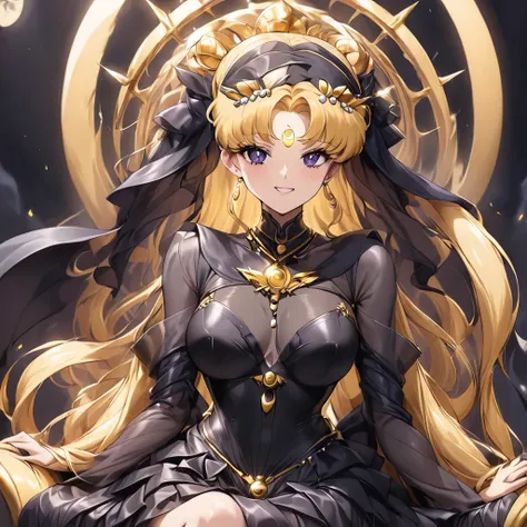 ((Highest quality)), ((masterpiece)), (detailed), （Perfect Face）、Black moon mark on forehead、The woman is Black Serenity, the noble dark queen of the Black Moon clan and has blonde hair.２The woman with long hair tied in a knot is Princess Serenity, sitting...