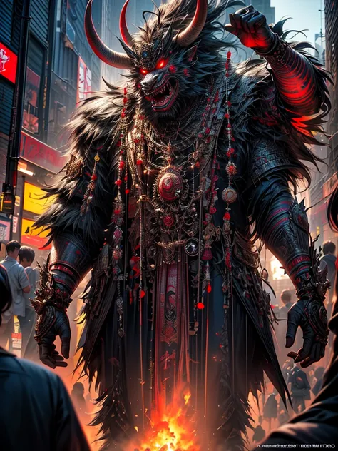 (masterpiece, cinematic photograph capturing the bustling streets of Shibuya, Japan, adorned with a procession of "oni" - traditional Japanese demons, parading through the night under the gaze of the intrigued crowd:1.3), (meticulously composed to convey t...