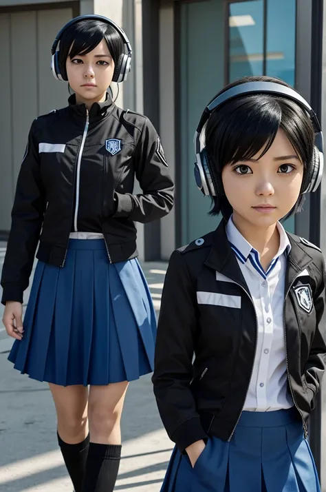 create a character with the anime style of "World trigger" with the Tamakoma-2 uniform, with a skirt and headphones, The character is a thin female character with short black hair.