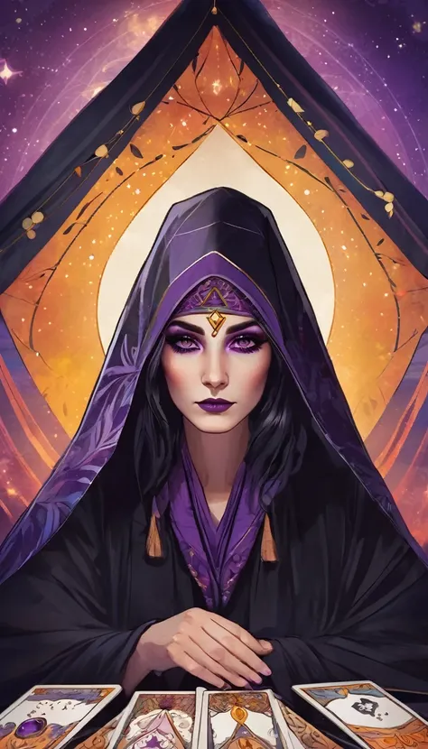 Poster inviting fortune telling using tarot cards in a triangular tent. Beautiful young fortune teller under a black robe The face is painted in lines running from cheek to nose. colored spots above the eyebrows bohemian style Mysterious atmosphere Mostly ...