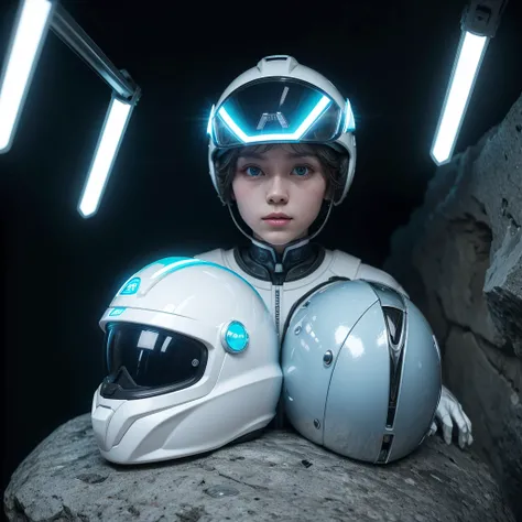 white helmet with cyan details with visor with an LED screen with robot rabbit ears on a stone