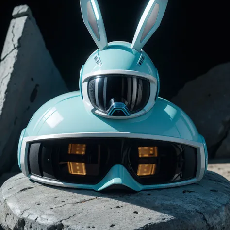 white helmet with cyan details with visor with an LED screen with robot rabbit ears on a stone