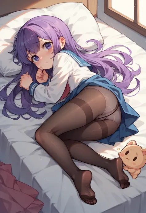 pantyhose,loli,sailor,dress,cute,lying,panties under pantyhose,purple hair,long hair,chibi,shy