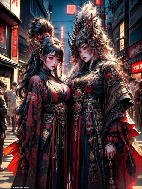 (masterpiece, cinematic photograph capturing the bustling streets of Shibuya, Japan, adorned with a procession of "oni" - traditional Japanese demons, parading through the night under the gaze of the intrigued crowd:1.3), (meticulously composed to convey t...