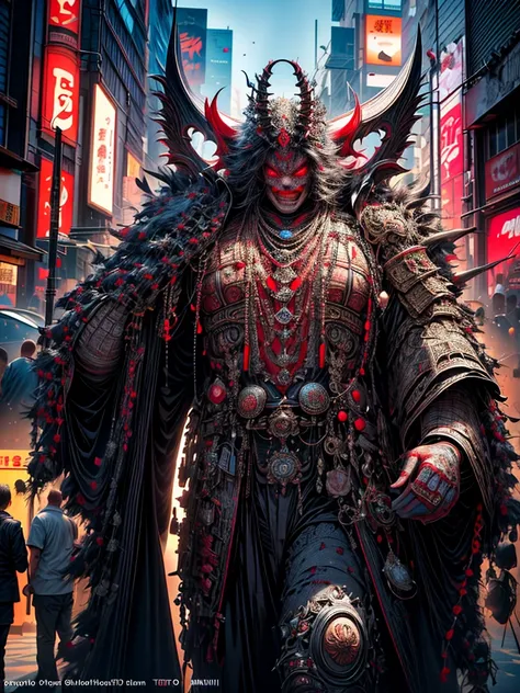 (masterpiece, cinematic photograph capturing the bustling streets of Shibuya, Japan, adorned with a procession of "oni" - traditional Japanese demons, parading through the night under the gaze of the intrigued crowd:1.3), (meticulously composed to convey t...