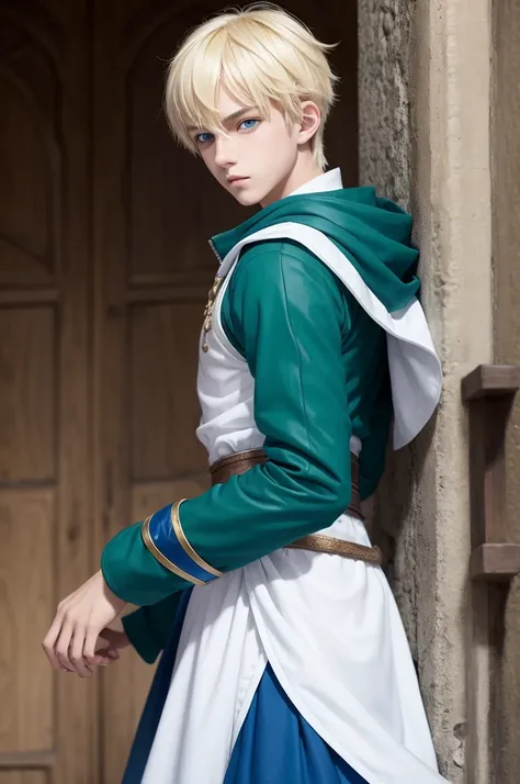 a teenage boy in his 15s white skin blonde hair and green eyes anime style wearing blue medieval clothes